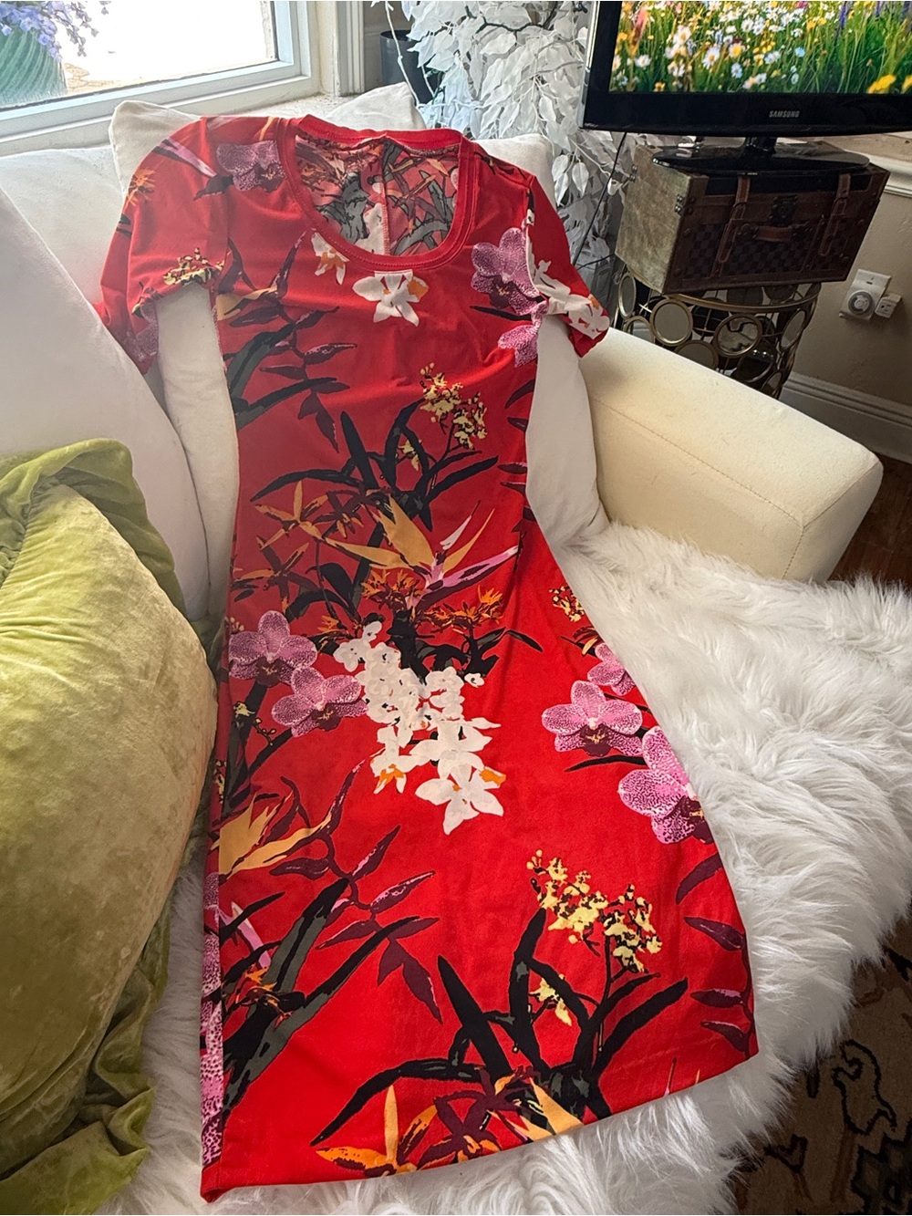 Red Floral Short Sleeve Bodycon Dress